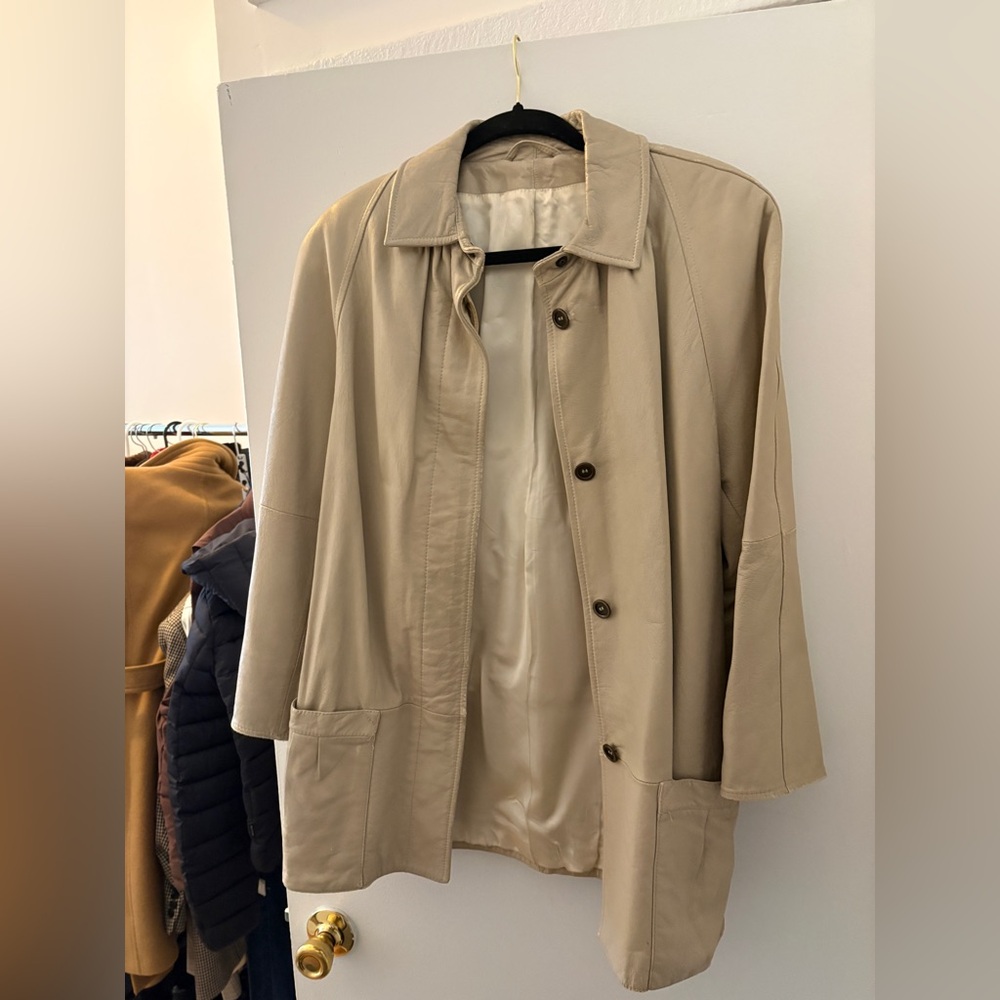 Vintage St Michael Beige Leather Jacket | Button Front | Fully Lined | Size 38